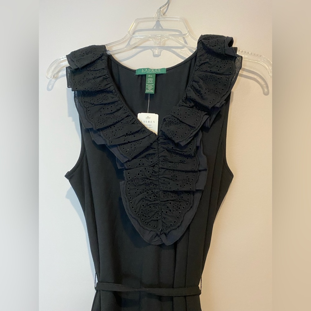 Ralph Lauren Black Lace Ruffle Sleeveless Dress Petite Large - Picture 2 of 5
